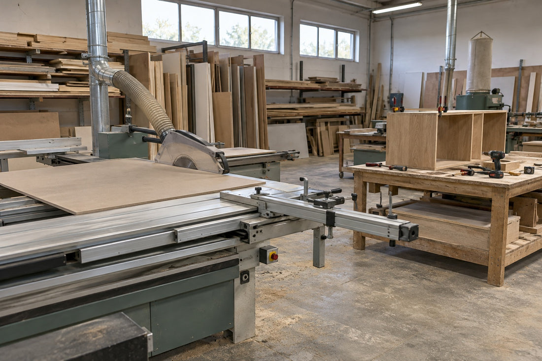 Illustration photographique d’un atelier de fabrication de meubles, machines de menuiserie et mobilier en cours d’assemblage