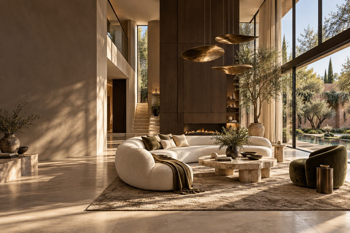 Vision d’ambiance : salon spectaculaire aux volumes généreux, pierre naturelle et bois chaleureux