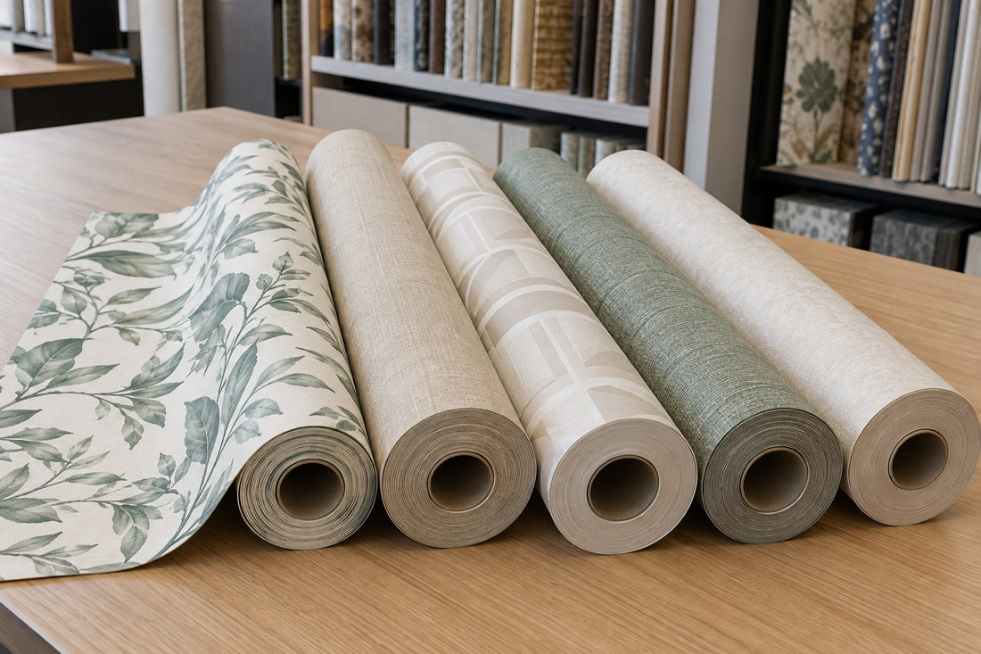 Illustration photographique de rouleaux de papier peint à motifs et textures, présentés sur un comptoir